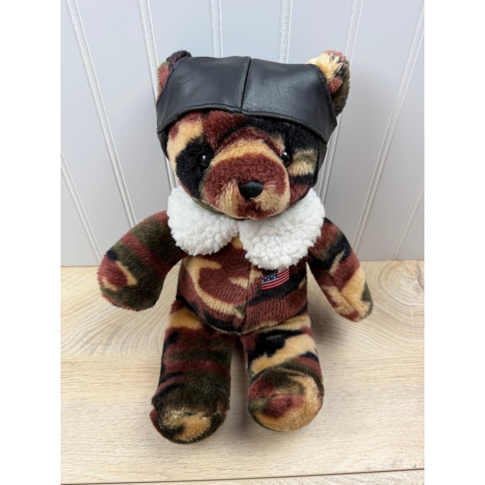 SKM Enterprises Vintage Camo Teddy Bear Pilot Aviator Hat USA Flag Plush 12 Inch - Picture 3 of 15